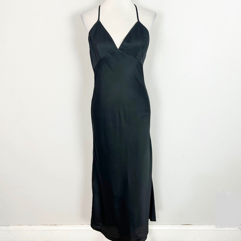 Abercrombie & Fitch Midi Slip Dress Black Satin T-Back Slit Size Medium Women